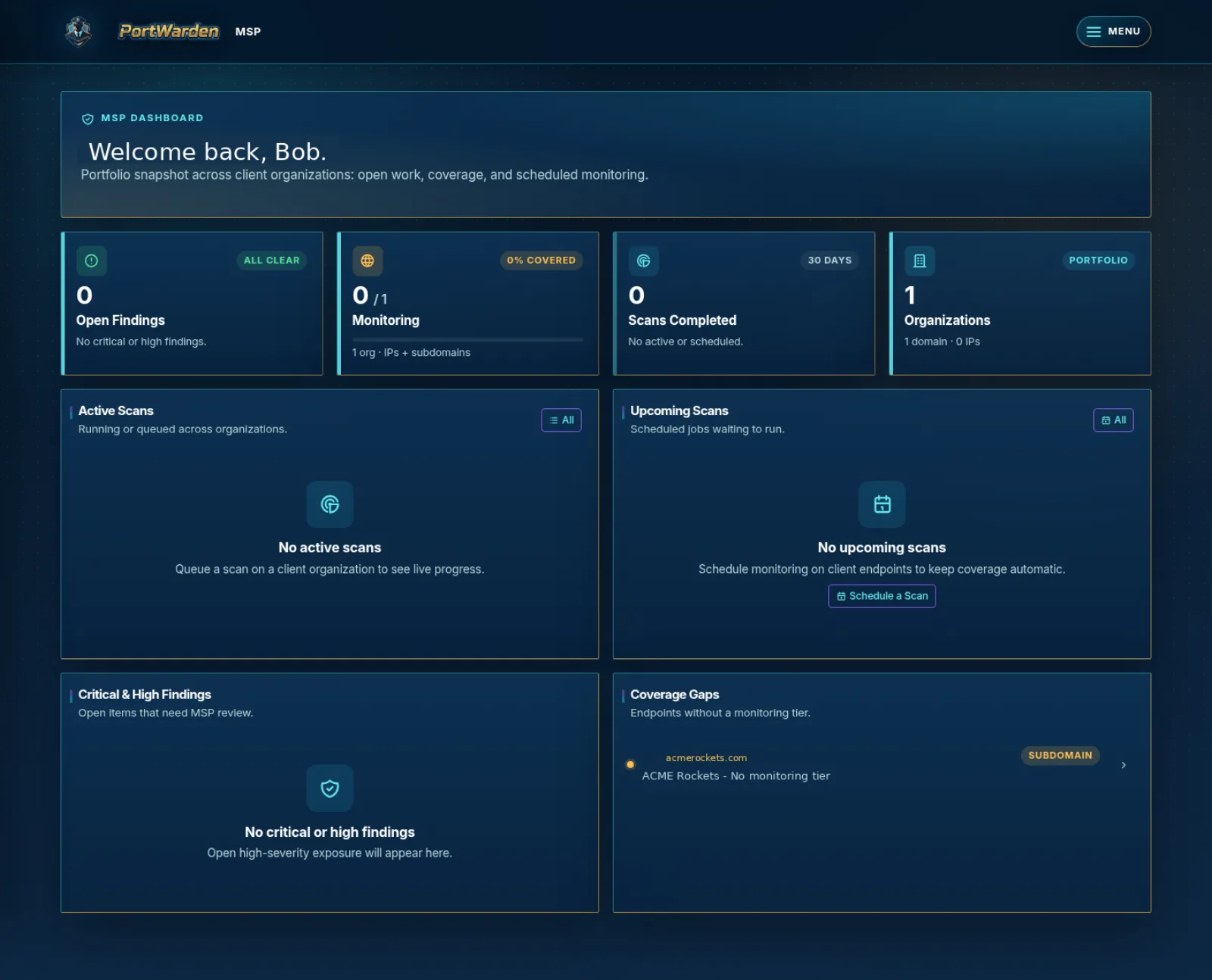 MSP portfolio dashboard with organization counts, open findings, scan status, and action center panels