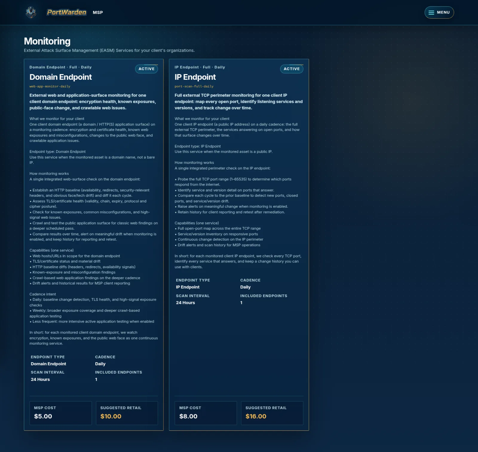 MSP monitoring services catalog with recurring scan coverage cards