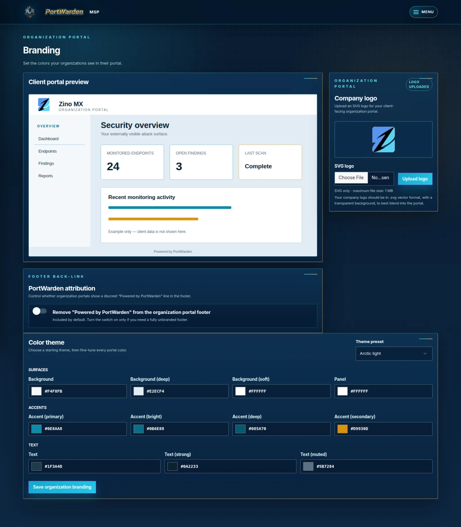 MSP branding settings with company logo upload, theme preset selector, hex color pickers for surfaces accents and text, client portal preview, and Powered by PortWarden footer toggle