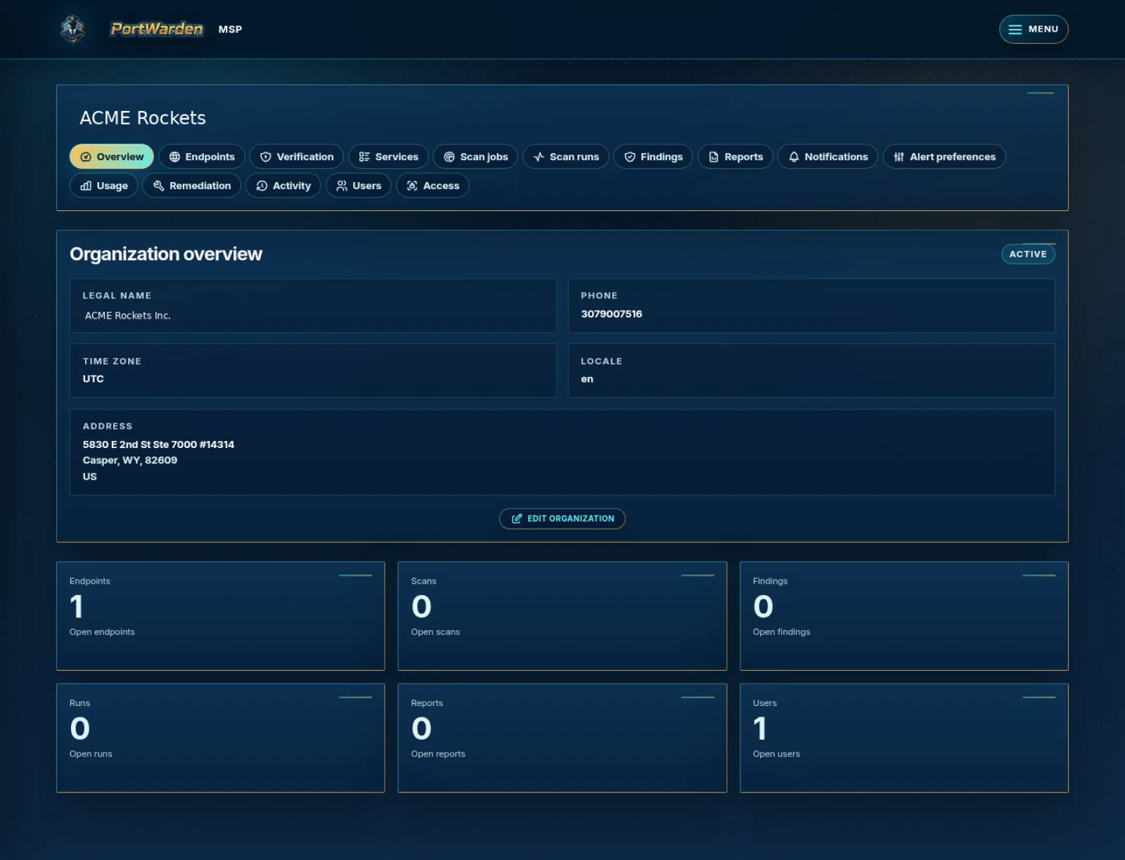 Single client organization overview with inventory scan finding and user counts