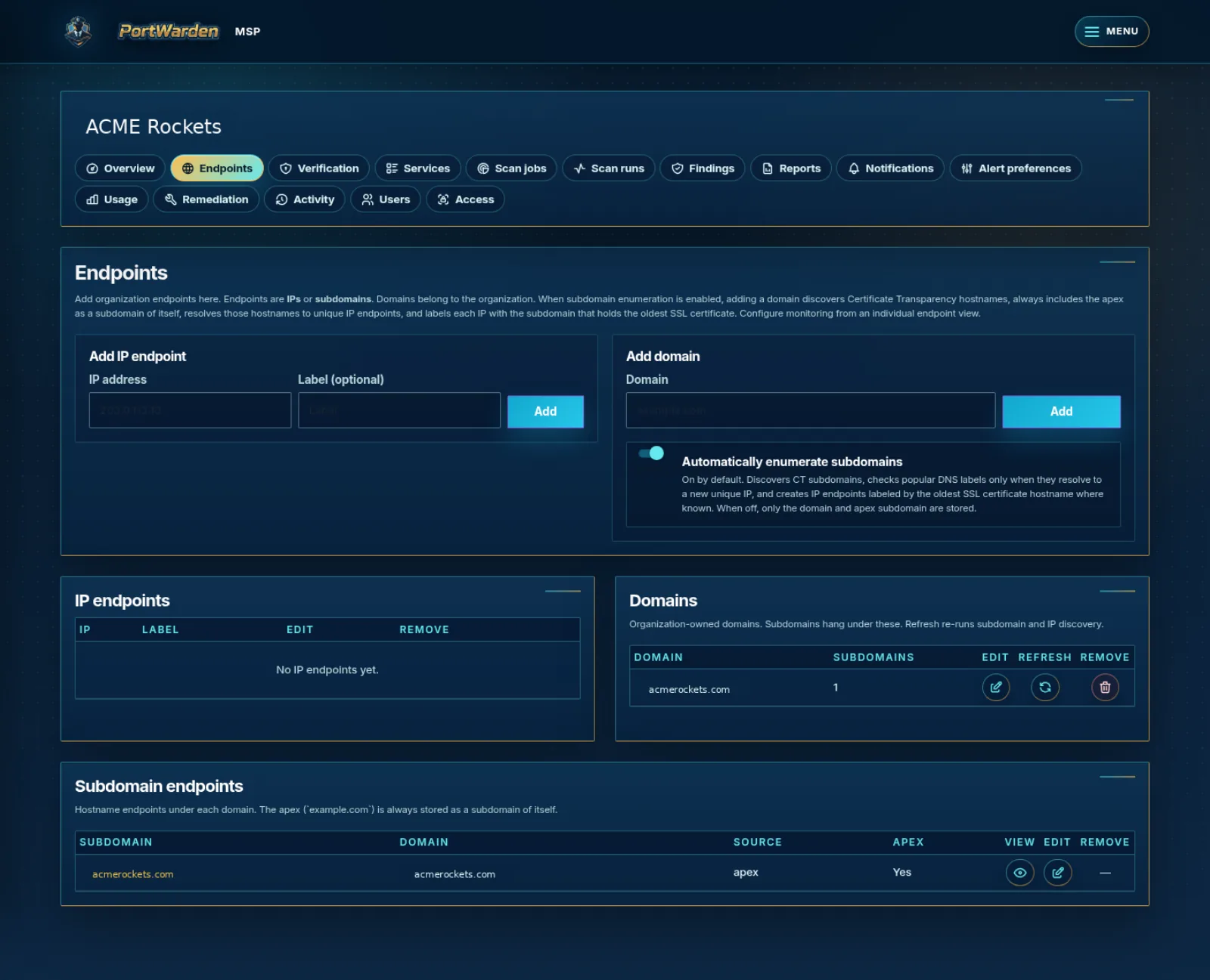 Client organization endpoints inventory showing IPs domains and monitoring status