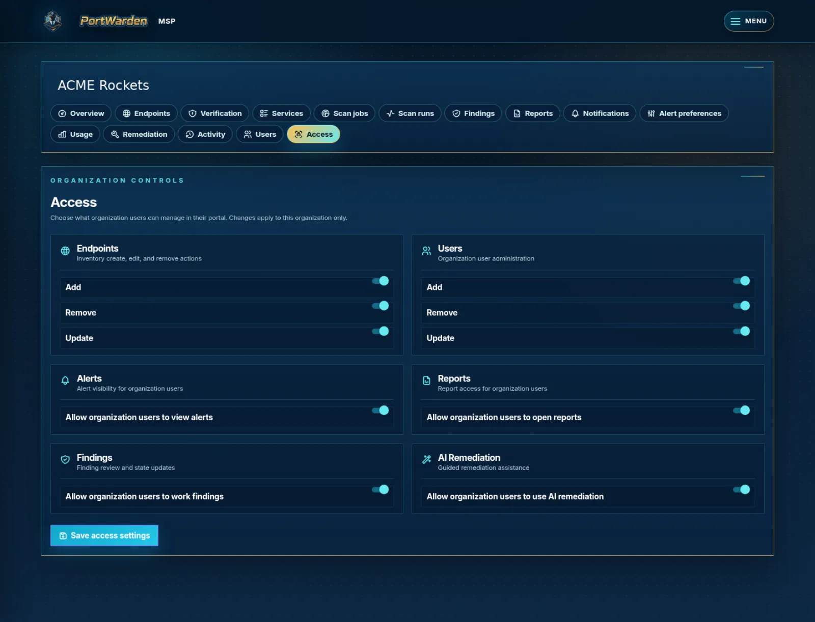 Per-organization client portal access controls allowing or denying endpoint user alert report and findings permissions